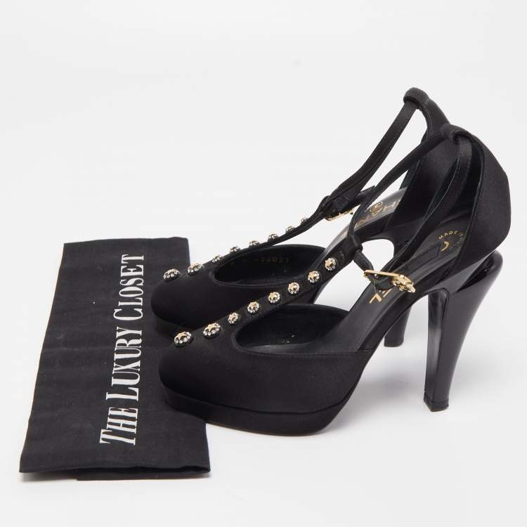 Pre Owned Chanel Black Satin Crystal Embellished T-Strap Platform Pumps Size 35.5