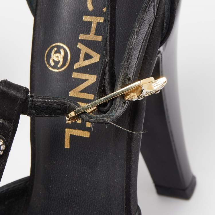 Pre Owned Chanel Black Satin Crystal Embellished T-Strap Platform Pumps Size 35.5