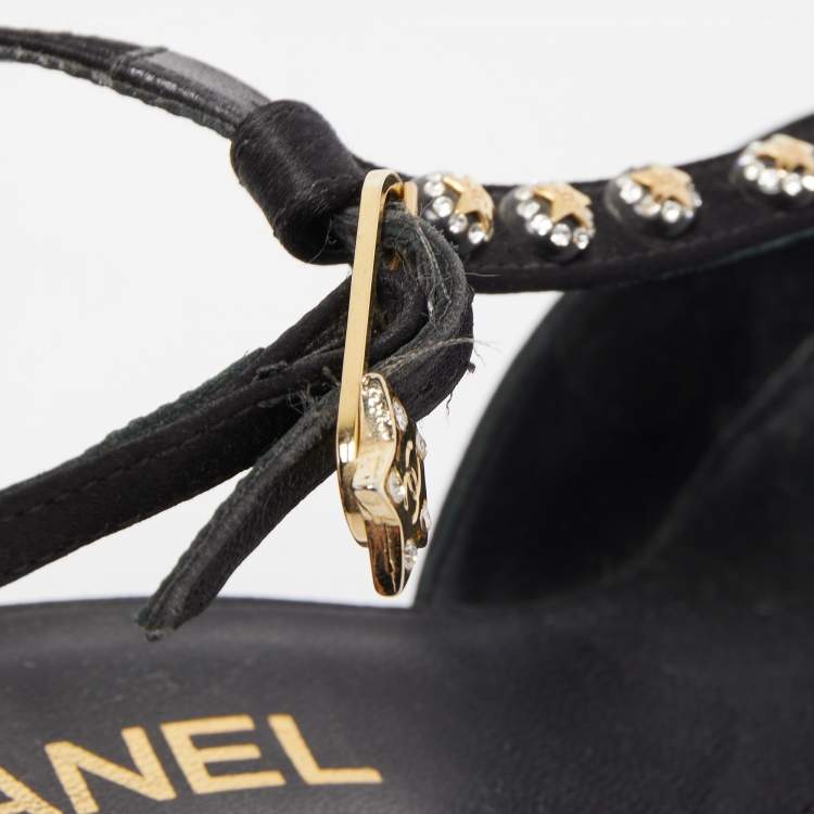 Pre Owned Chanel Black Satin Crystal Embellished T-Strap Platform Pumps Size 35.5