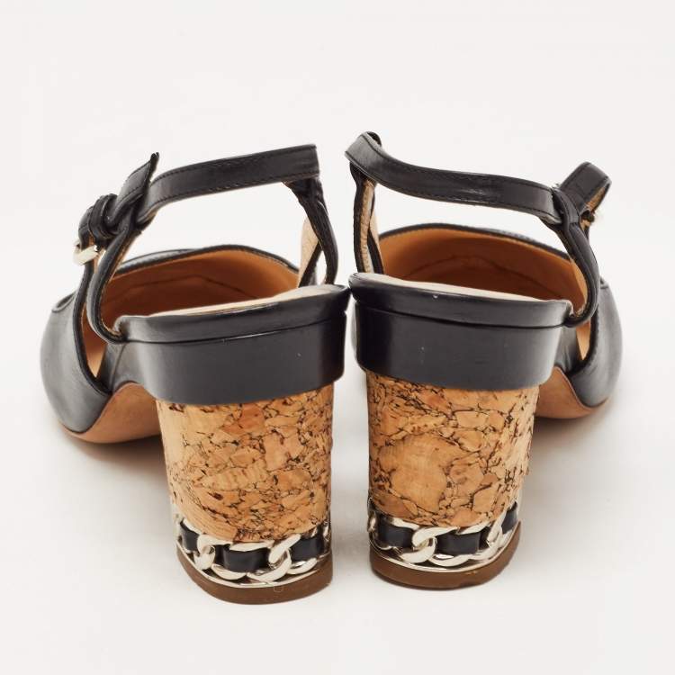 Pre Owned Chanel Black Leather CC Chain Cork Heel Singback Pumps Size 38