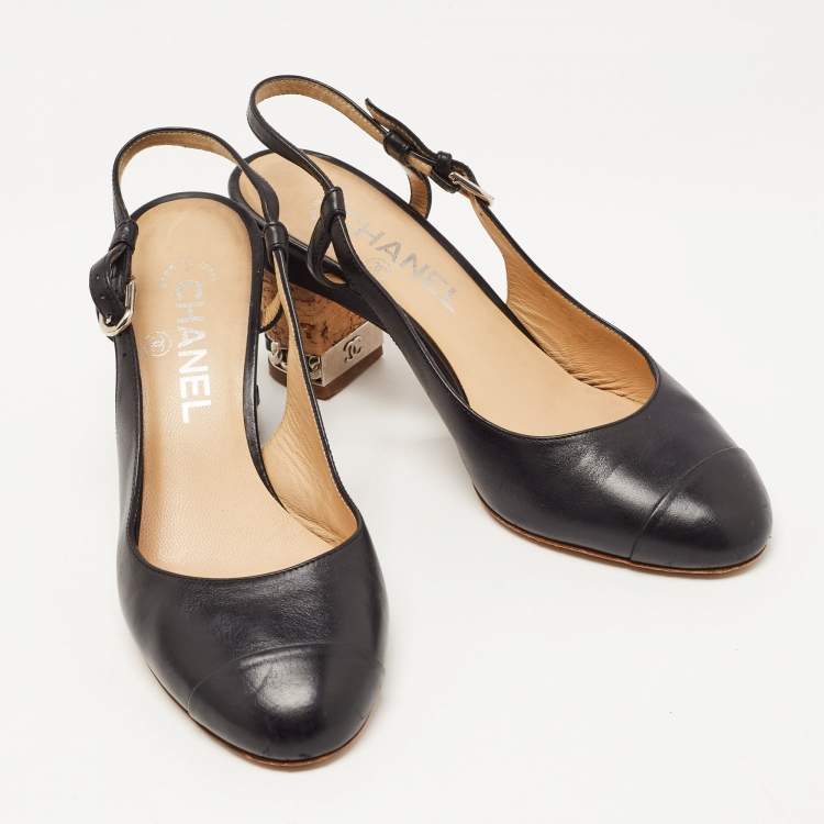 Pre Owned Chanel Black Leather CC Chain Cork Heel Singback Pumps Size 38