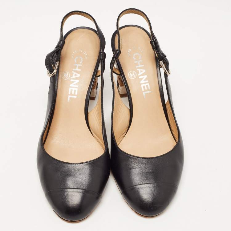 Pre Owned Chanel Black Leather CC Chain Cork Heel Singback Pumps Size 38