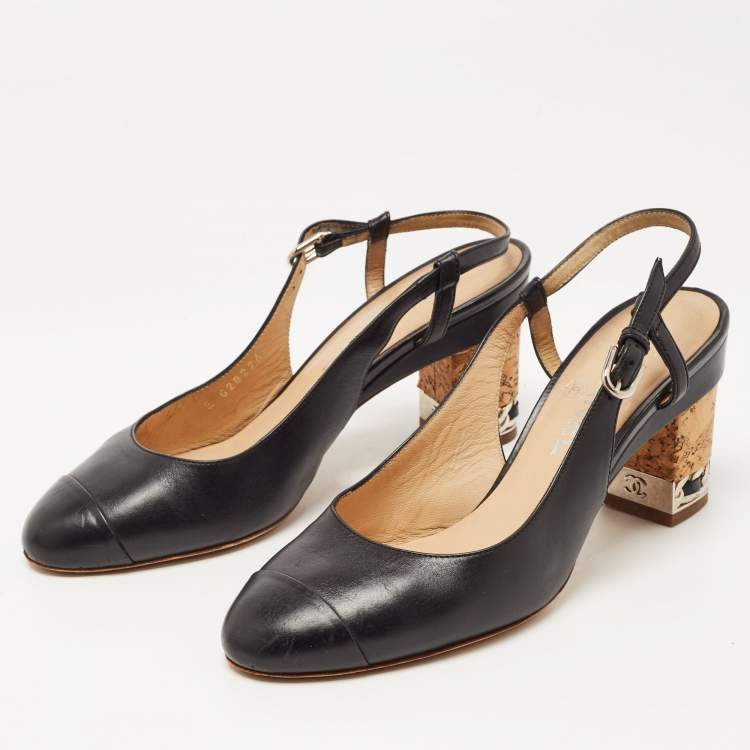 Pre Owned Chanel Black Leather CC Chain Cork Heel Singback Pumps Size 38