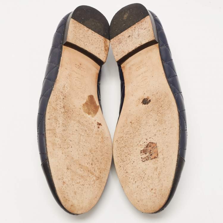 Pre Owned Chanel Navy Blue/Black Leather CC Cap Toe Ballet Flats Size 39.5