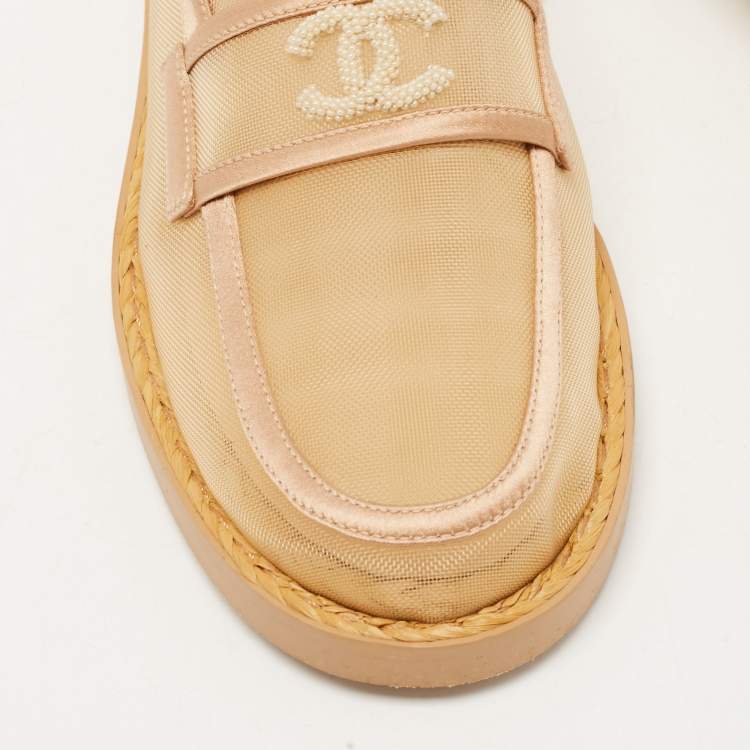 Pre Owned Chanel Beige Mesh and Satin Faux Pearl Embellished CC Loafers Size 36.5