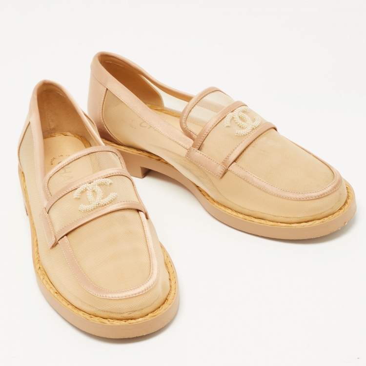 Pre Owned Chanel Beige Mesh and Satin Faux Pearl Embellished CC Loafers Size 36.5