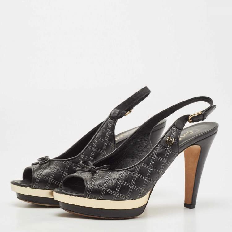 Pre Owned Chanel Black/Gold Leather CC Bow Peep Toe Platform Slingback Pumps Size 39.5