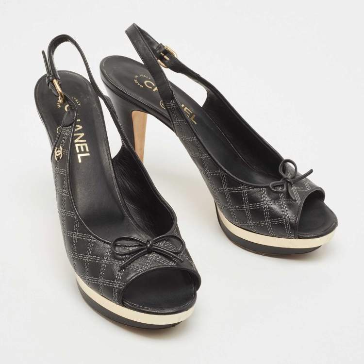 Pre Owned Chanel Black/Gold Leather CC Bow Peep Toe Platform Slingback Pumps Size 39.5