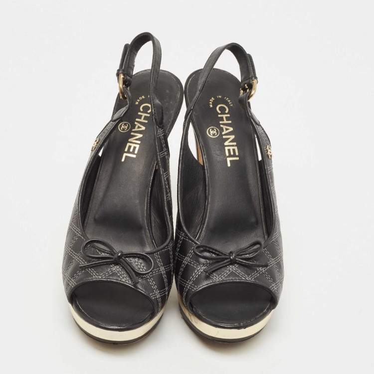 Pre Owned Chanel Black/Gold Leather CC Bow Peep Toe Platform Slingback Pumps Size 39.5