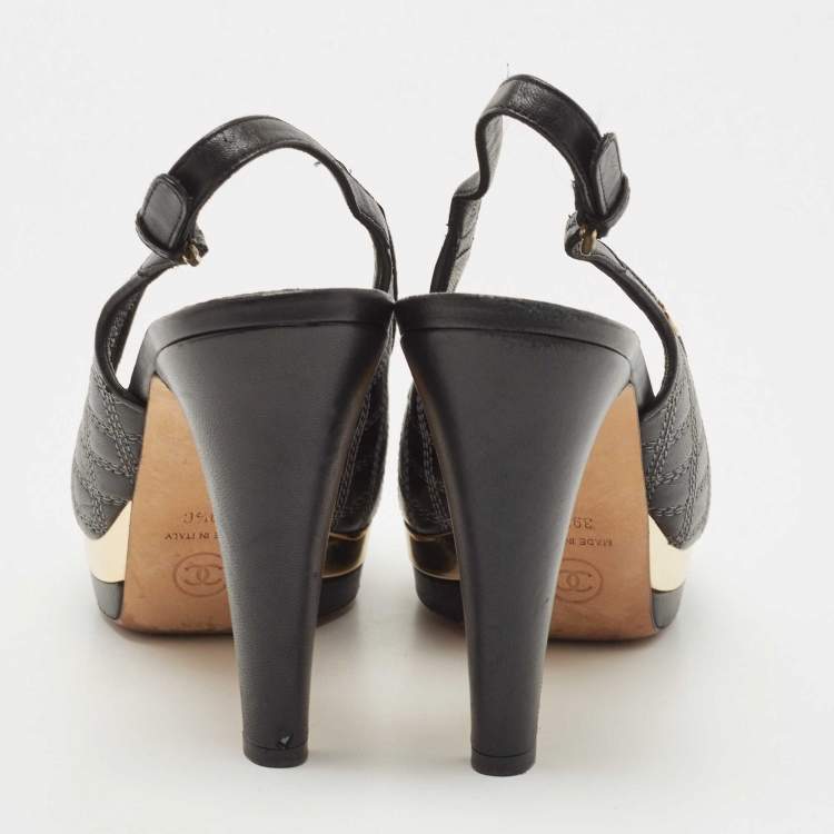 Pre Owned Chanel Black/Gold Leather CC Bow Peep Toe Platform Slingback Pumps Size 39.5