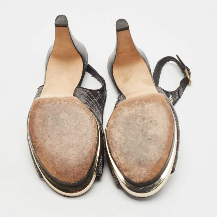 Pre Owned Chanel Black/Gold Leather CC Bow Peep Toe Platform Slingback Pumps Size 39.5