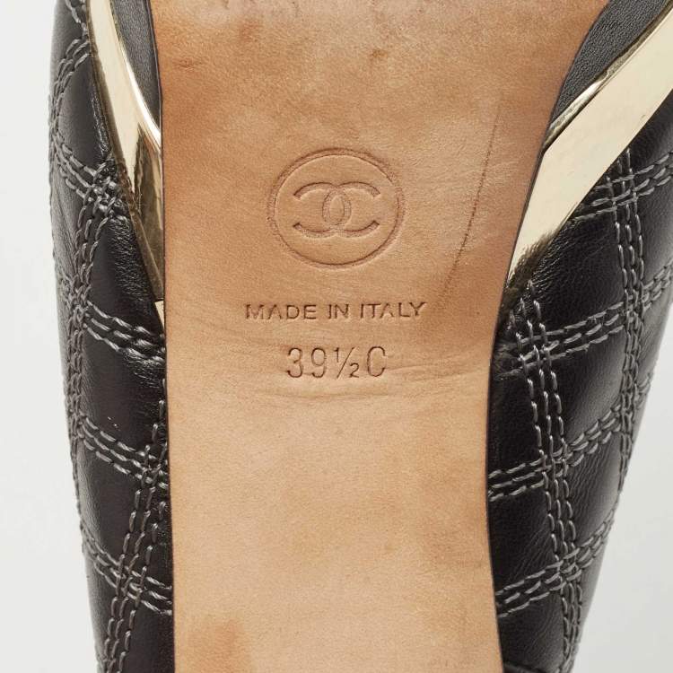 Pre Owned Chanel Black/Gold Leather CC Bow Peep Toe Platform Slingback Pumps Size 39.5