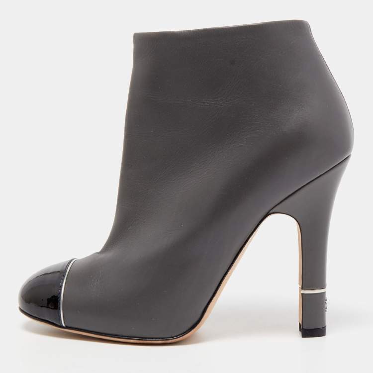 Chanel Grey/Black Leather and Patent Cap Toe CC Ankle Booties Size