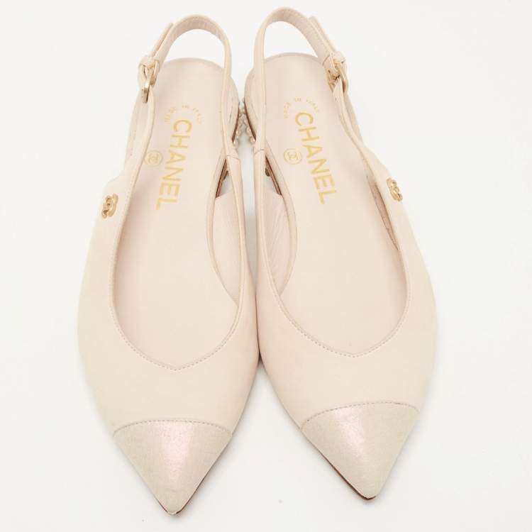 Pre Owned Chanel Beige/Grey Nubuck Leather Pearl Embellished Slingback Sandals Size 37