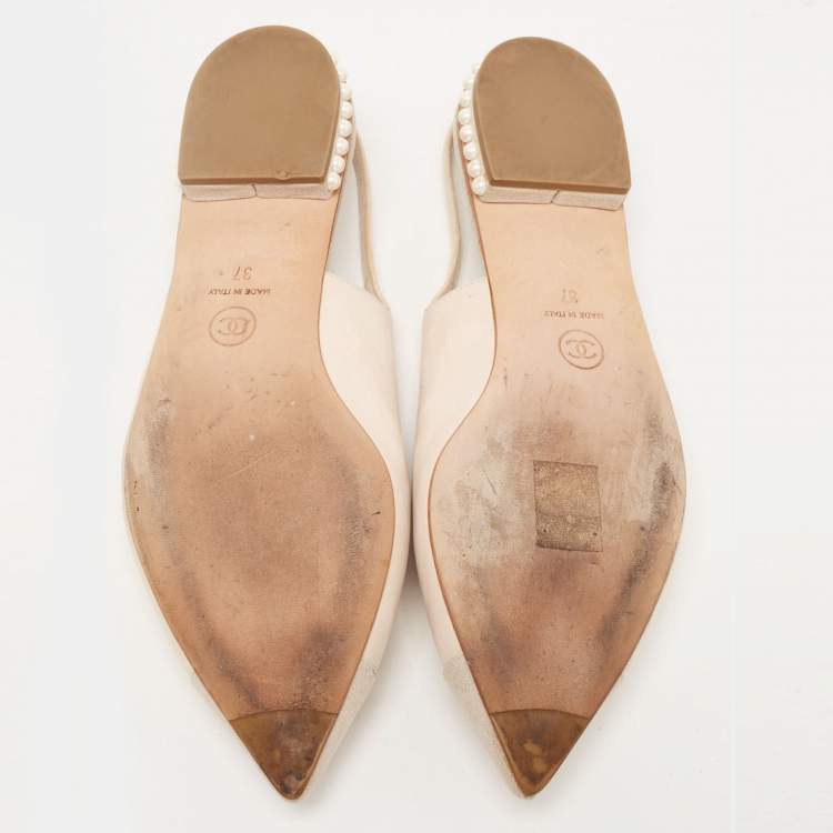 Pre Owned Chanel Beige/Grey Nubuck Leather Pearl Embellished Slingback Sandals Size 37