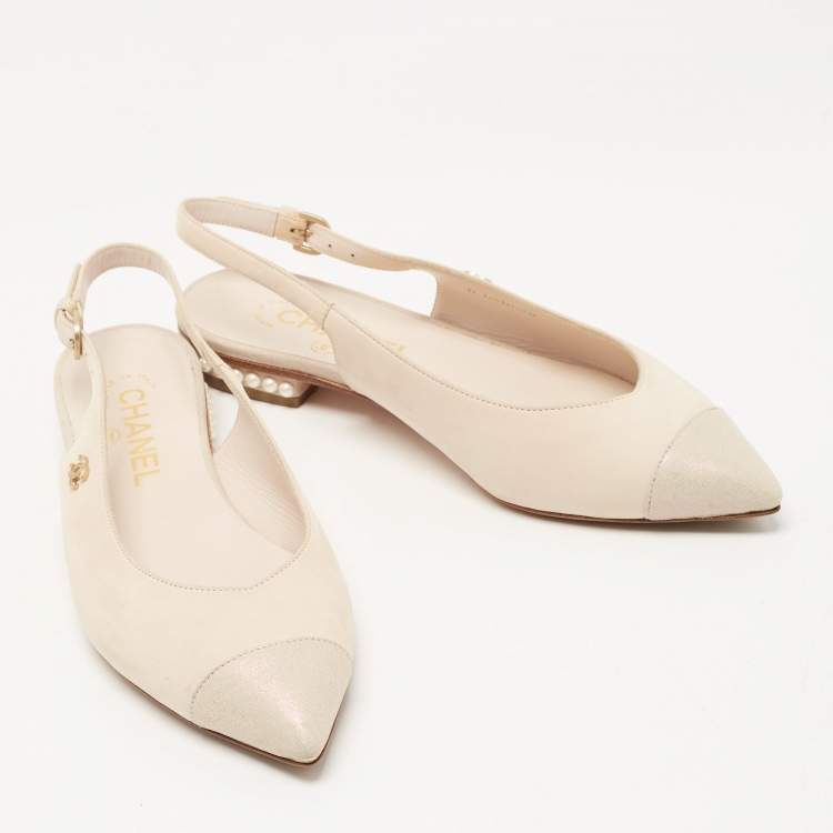 Pre Owned Chanel Beige/Grey Nubuck Leather Pearl Embellished Slingback Sandals Size 37