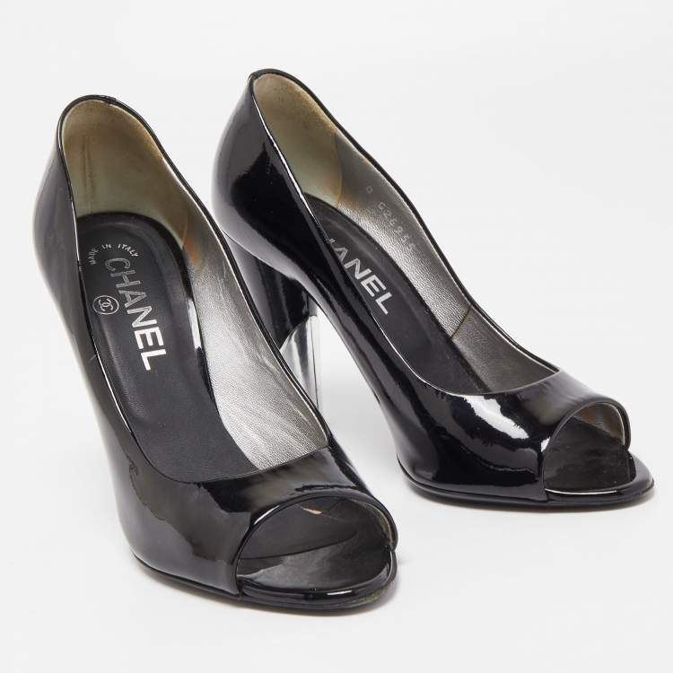 Pre Owned Chanel Black Patent Leather CC Peep Toe Pumps Size 36.5