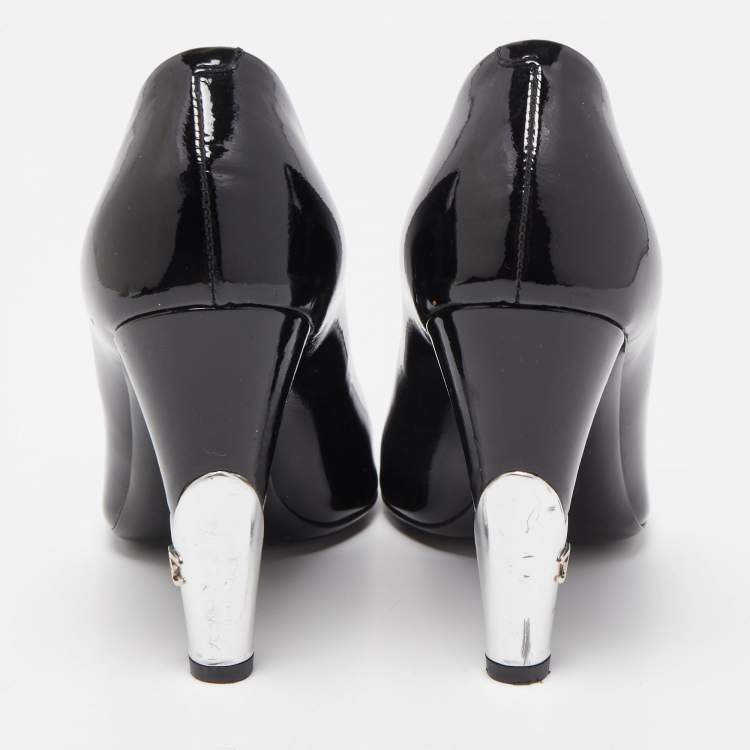 Pre Owned Chanel Black Patent Leather CC Peep Toe Pumps Size 36.5