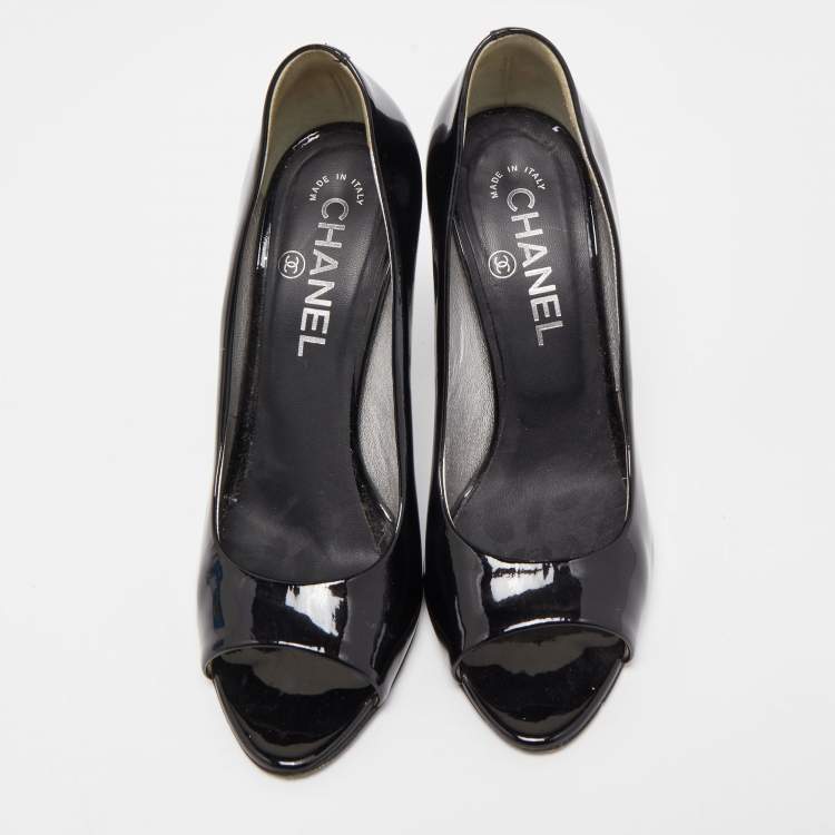 Pre Owned Chanel Black Patent Leather CC Peep Toe Pumps Size 36.5