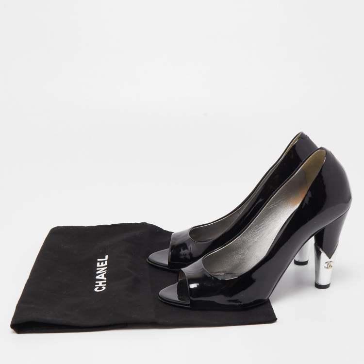 Pre Owned Chanel Black Patent Leather CC Peep Toe Pumps Size 36.5