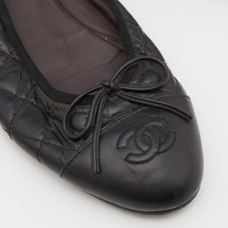 Pre Owned Chanel Black Quilted Leather CC Bow Ballet Flats Size 37.5