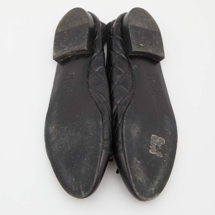 Pre Owned Chanel Black Quilted Leather CC Bow Ballet Flats Size 37.5