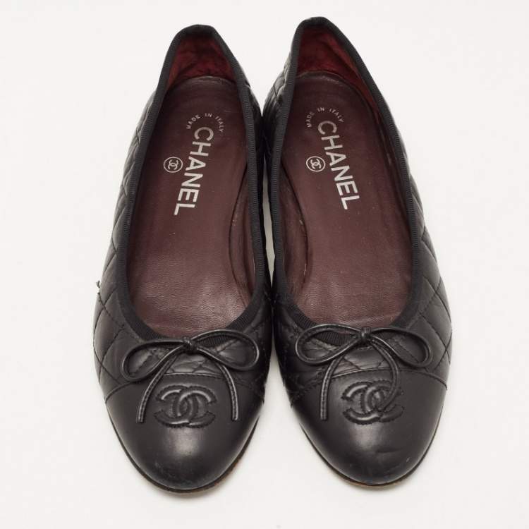 Pre Owned Chanel Black Quilted Leather CC Cap Toe Bow Ballet Flats Size 36.5
