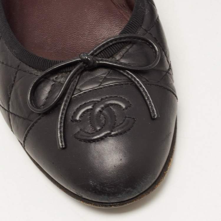 Pre Owned Chanel Black Quilted Leather CC Cap Toe Bow Ballet Flats Size 36.5