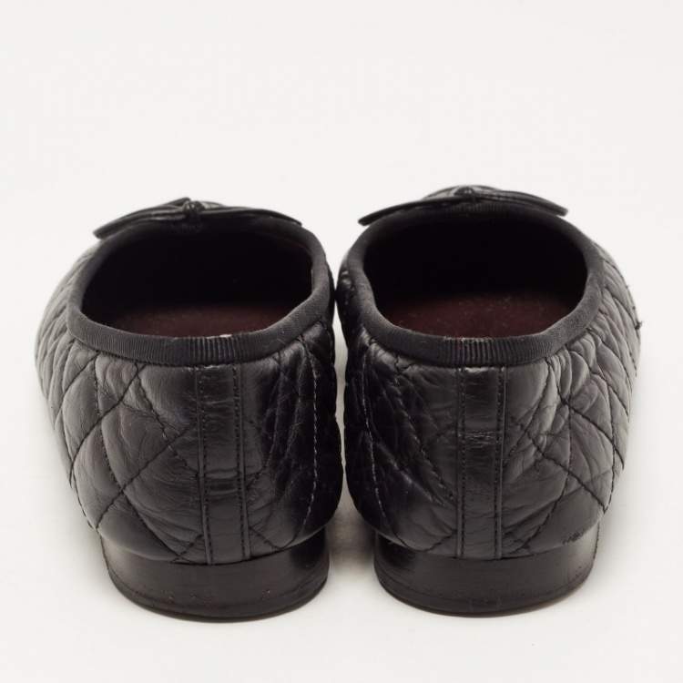 Pre Owned Chanel Black Quilted Leather CC Cap Toe Bow Ballet Flats Size 36.5