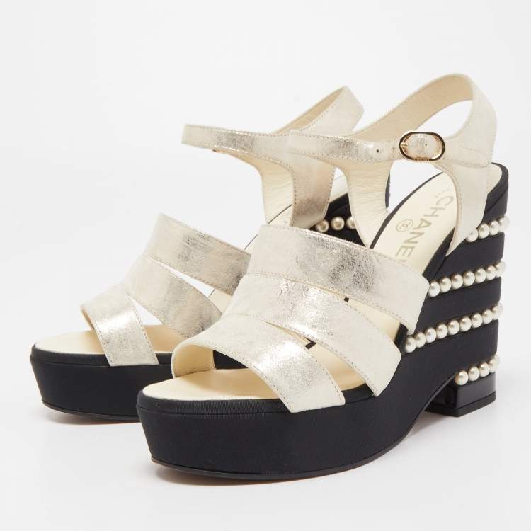 Chanel Gold Laminated Suede CC Faux Pearl Wedge Strappy Sandals