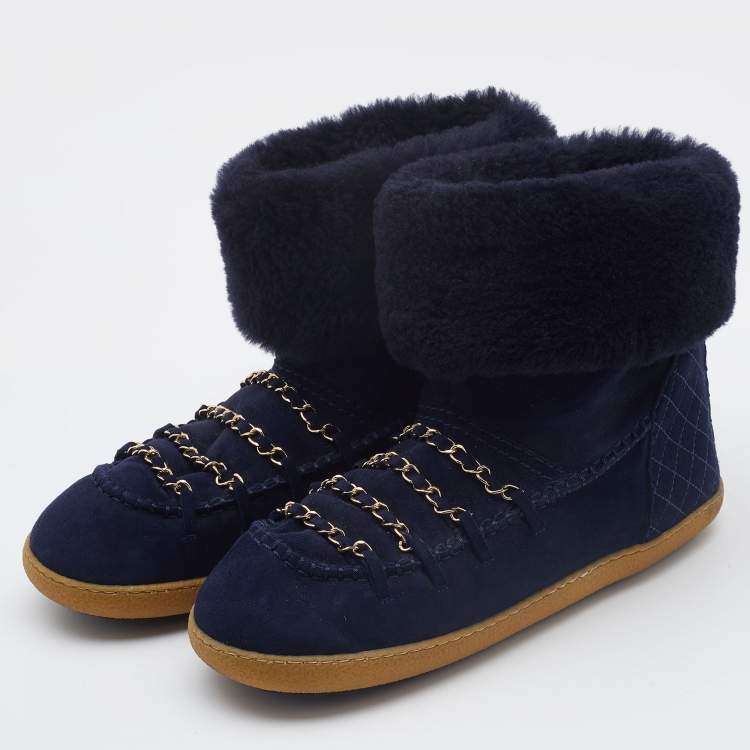 Chanel Navy Blue Suede and Shearling Fur Chain Link Ankle Boots