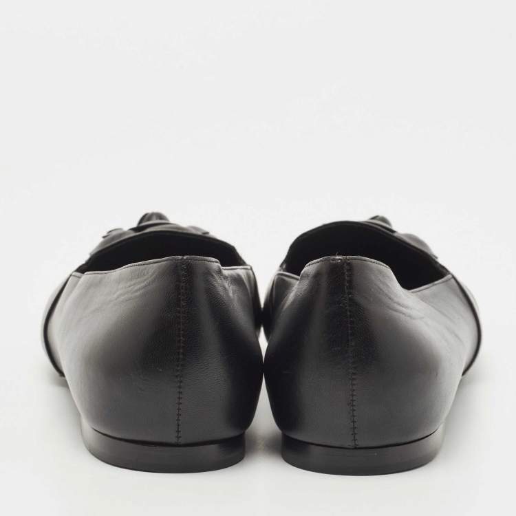 Pre Owned Chanel Black Leather Camellia Flower CC Slip On Smoking Slippers Size 42