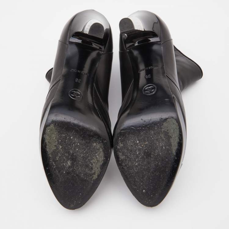 Pre Owned Chanel Black Leather and Patent Cap Toe Platform Ankle Booties Size 38