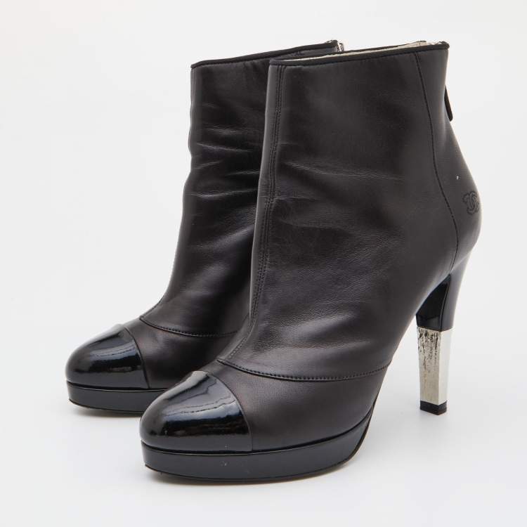 Pre Owned Chanel Black Leather and Patent Cap Toe Platform Ankle Booties Size 38
