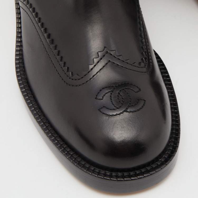 Pre Owned Chanel Black Leather CC Cut Out Knee Length Boots Size 38.5