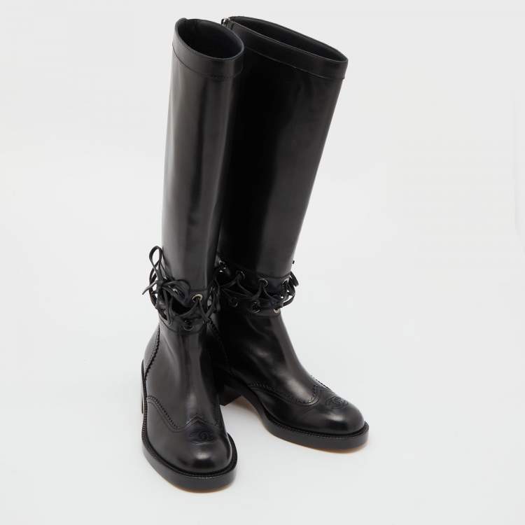 Pre Owned Chanel Black Leather CC Cut Out Knee Length Boots Size 38.5