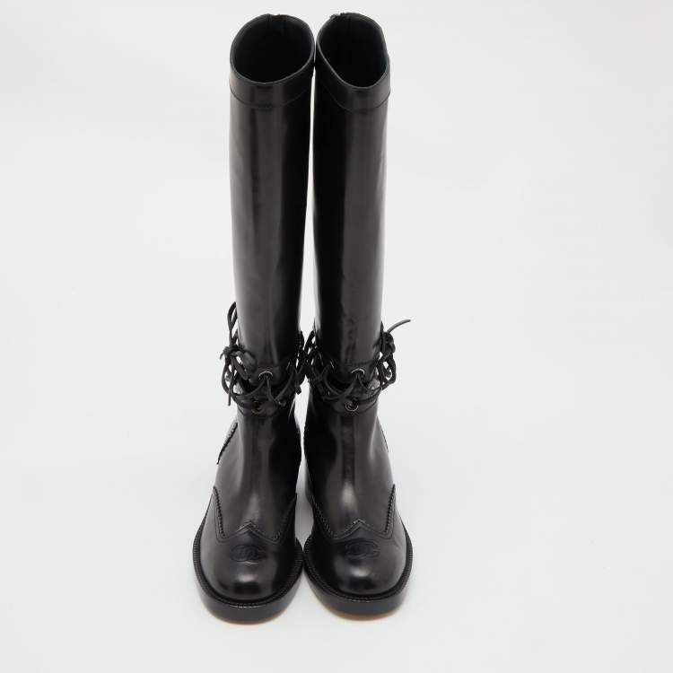 Pre Owned Chanel Black Leather CC Cut Out Knee Length Boots Size 38.5
