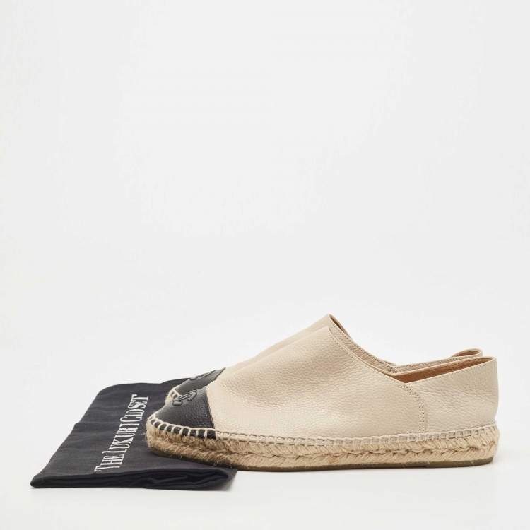 Pre Owned Chanel Beige/Black Leather CC Cap Toe Espadrilles Flats Size 39