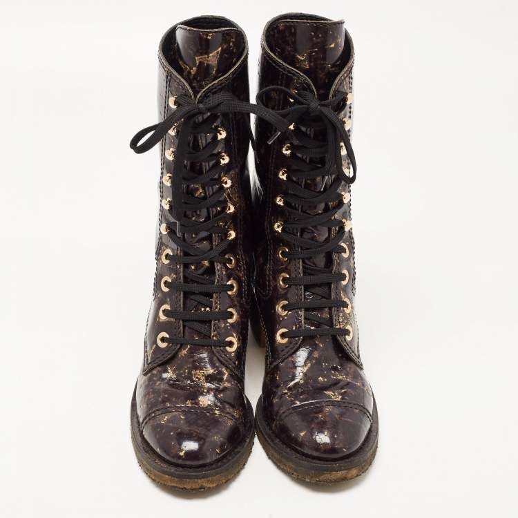 Pre Owned Chanel Black/Gold Textured Patent Leather Mid Calf Length Boots Size 39.5