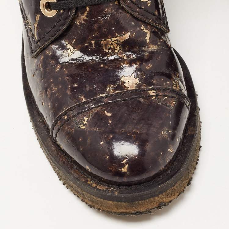 Pre Owned Chanel Black/Gold Textured Patent Leather Mid Calf Length Boots Size 39.5