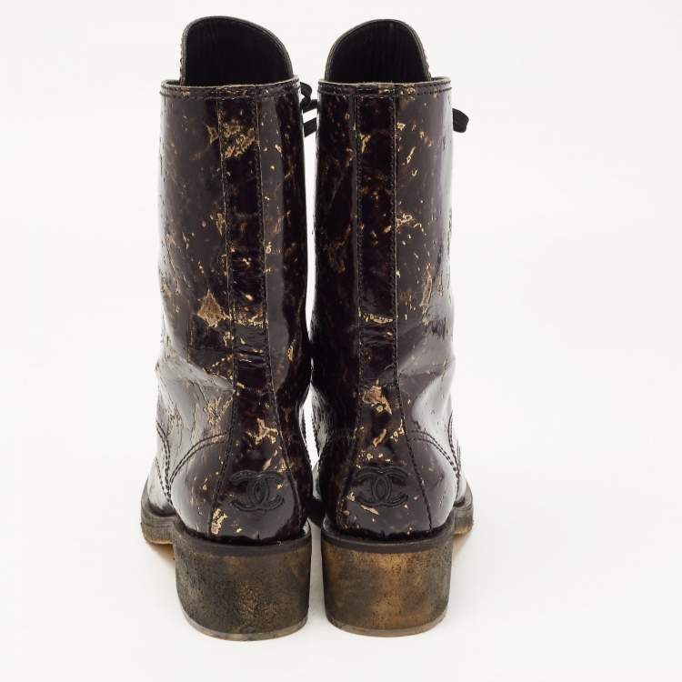 Pre Owned Chanel Black/Gold Textured Patent Leather Mid Calf Length Boots Size 39.5