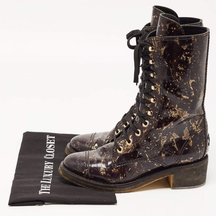 Pre Owned Chanel Black/Gold Textured Patent Leather Mid Calf Length Boots Size 39.5