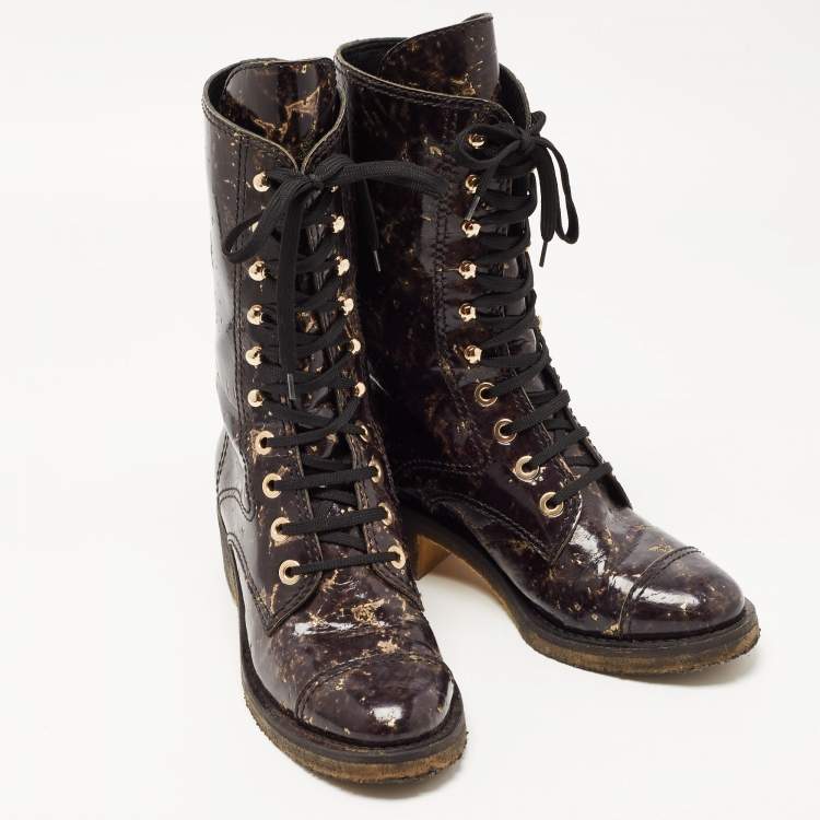 Pre Owned Chanel Black/Gold Textured Patent Leather Mid Calf Length Boots Size 39.5