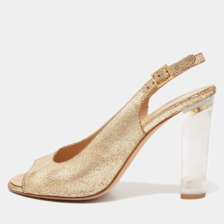Chanel Gold Crackled Leather Glitter CC Lucite Heel Peep Toe Slingback  Sandals Size 39 Chanel | The Luxury Closet