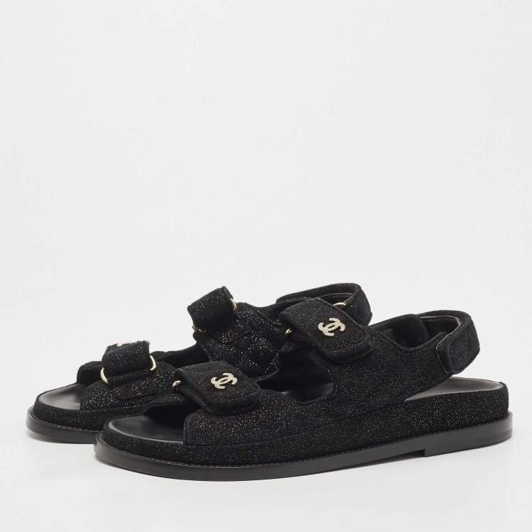 Chanel Black Glitter Suede Velcro Dad Sandals Size 37.5 Chanel