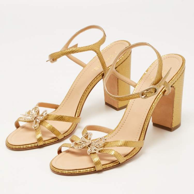 Chanel Gold Snakeskin Embossed Leather Embellished Bow Detail Ankle Strap  Sandals Size 42 Chanel