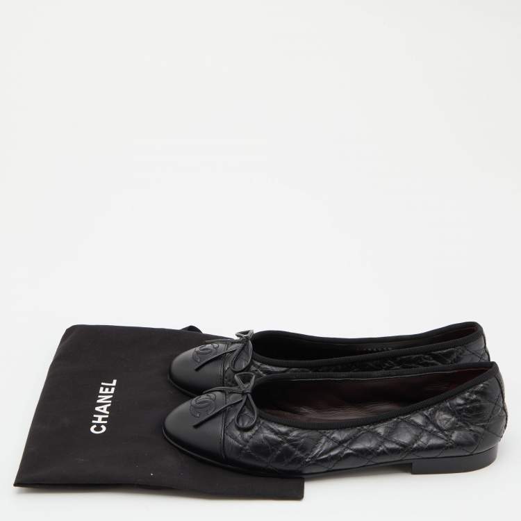 Pre Owned Chanel Black Leather Bow CC Cap Toe Ballet Flats Size 36.5
