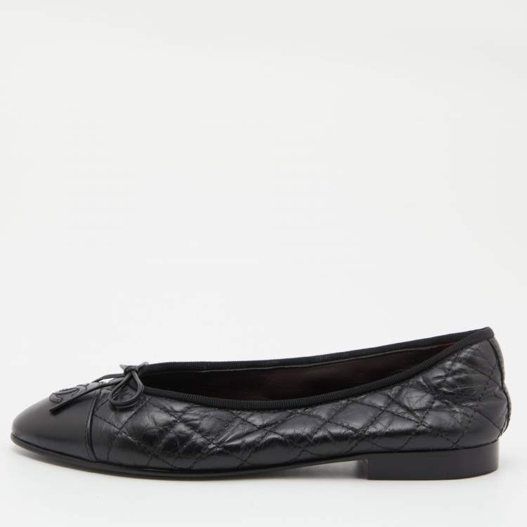Pre Owned Chanel Black Leather Bow CC Cap Toe Ballet Flats Size 36.5