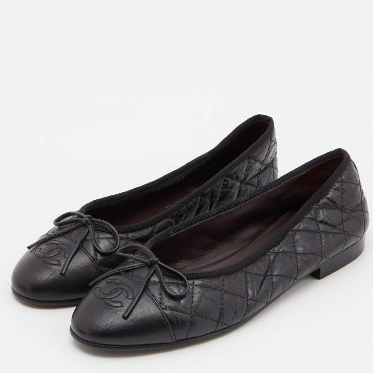 Pre Owned Chanel Black Leather Bow CC Cap Toe Ballet Flats Size 36.5