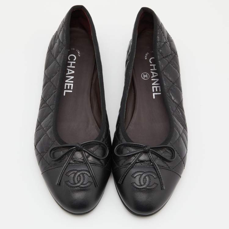 Pre Owned Chanel Black Leather Bow CC Cap Toe Ballet Flats Size 36.5